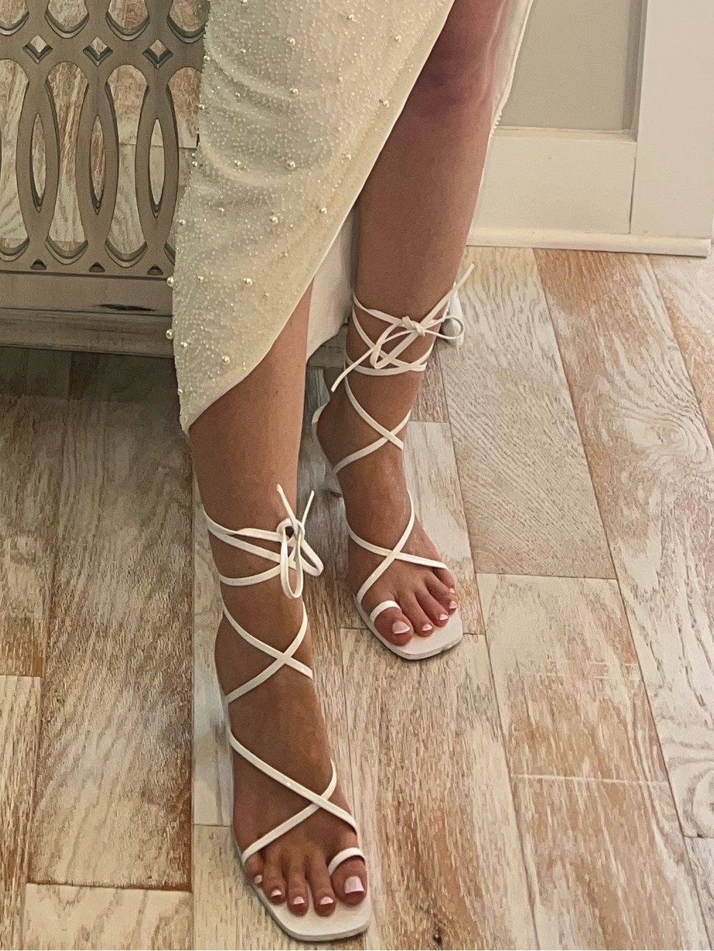 Lulu's White Pearl-Embellished Wrap Heels